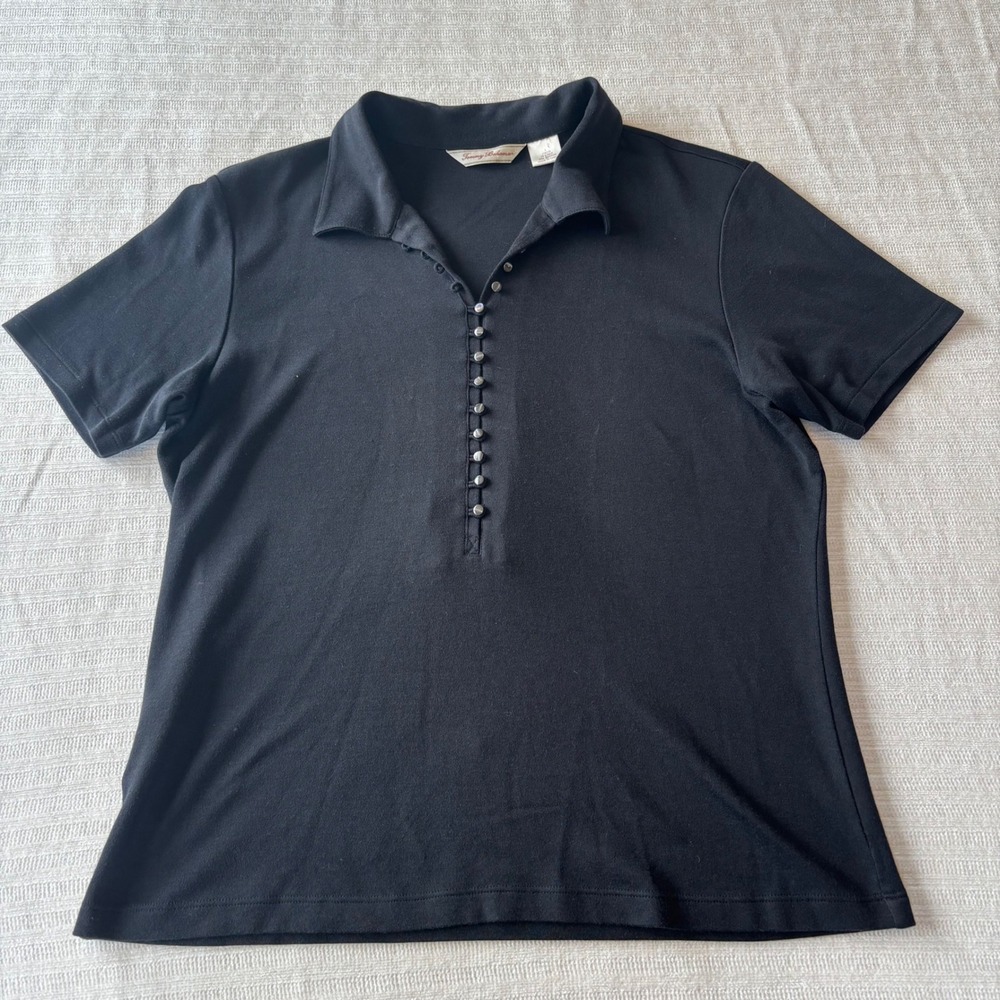 Tommy Bahama Womens Silk Cotton Blend Polo Shirt Black Short Sleeve Large 12/14 - Picture 1 of 8